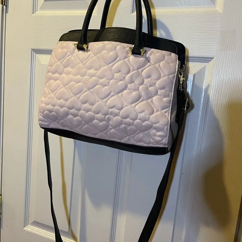 Betsey Johnson Heart Quilted Pink , Black & gray strims & strap Satchel